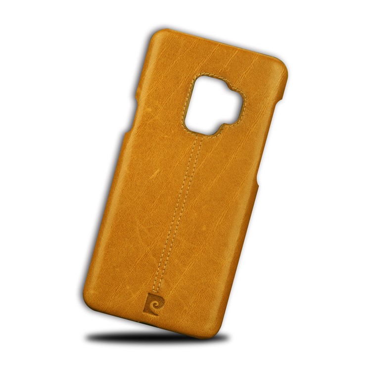 PIERRE CARDIN Stitched Genuine Leather Coated PC Phone Case for Samsung Galaxy S9 G960 - Brown-2