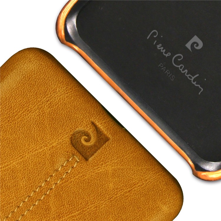 PIERRE CARDIN Stitched Genuine Leather Coated PC Phone Case for Samsung Galaxy S9 G960 - Brown-3