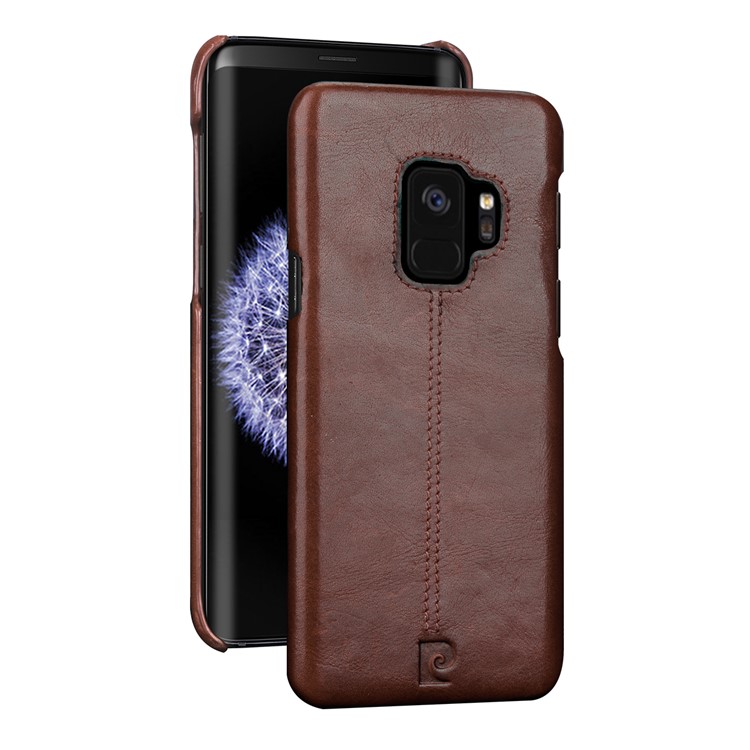 PIERRE CARDIN Stitched Genuine Leather Coated PC Mobile Cover for Samsung Galaxy S9 G960 - Coffee-1