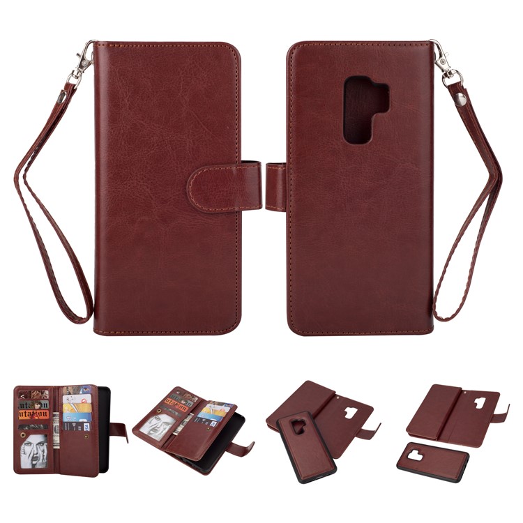 Detachable 9 Card Slots Cell Phone Leather Wallet Case for Samsung Galaxy S9+ SM-G965 - Brown-1