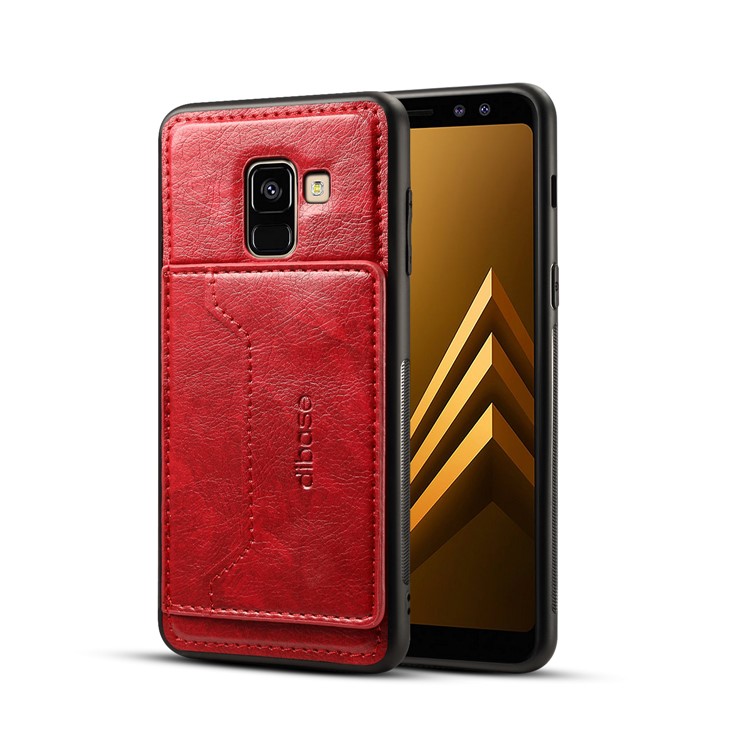 Crazy Horse Texture Leather Coated TPU Card Holder Kickstand Cover for Samsung Galaxy A8 (2018) - Red-1