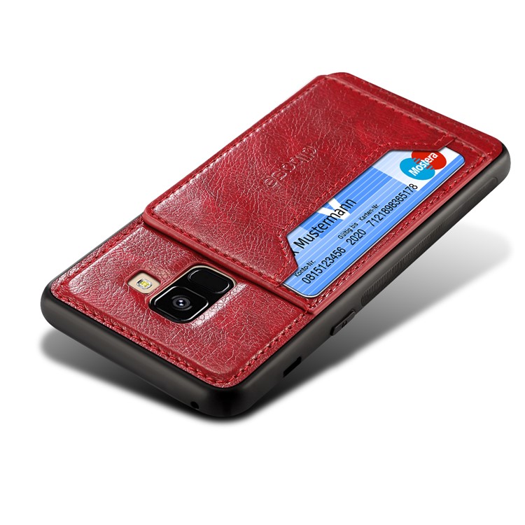 Crazy Horse Texture Leather Coated TPU Card Holder Kickstand Cover for Samsung Galaxy A8 (2018) - Red-3