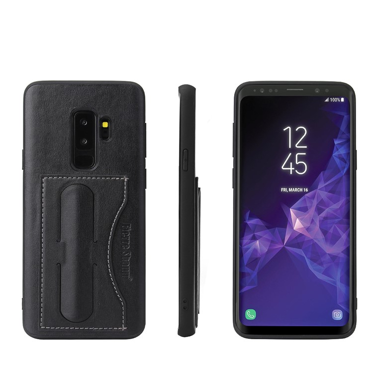 FIERRE SHANN Card Slot PU Leather Skin TPU Phone Cover with Kickstand for Samsung Galaxy S9+ SM-G965 - Black-1