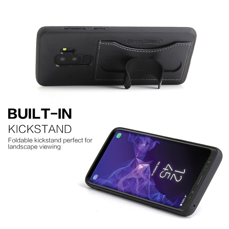 FIERRE SHANN Card Slot PU Leather Skin TPU Phone Cover with Kickstand for Samsung Galaxy S9+ SM-G965 - Black-3