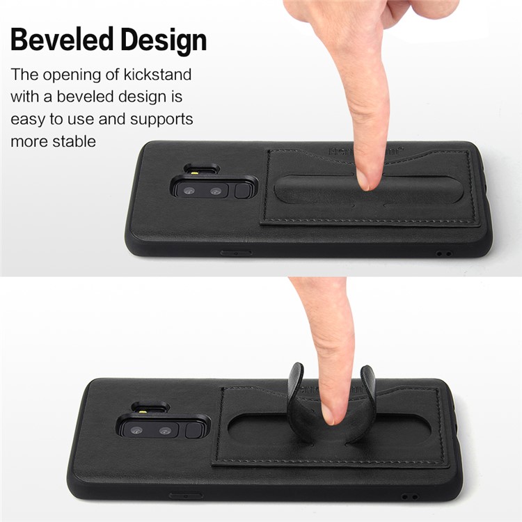 FIERRE SHANN Card Slot PU Leather Skin TPU Phone Cover with Kickstand for Samsung Galaxy S9+ SM-G965 - Black-4
