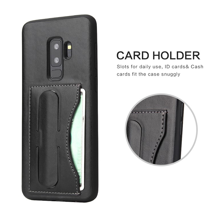 FIERRE SHANN Card Slot PU Leather Skin TPU Phone Cover with Kickstand for Samsung Galaxy S9+ SM-G965 - Black-5