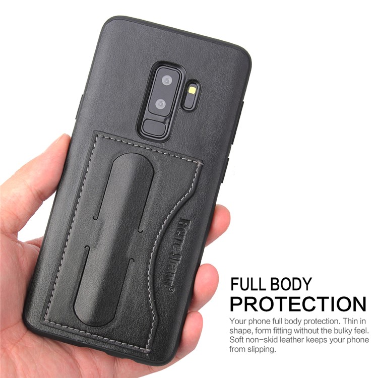 FIERRE SHANN Card Slot PU Leather Skin TPU Phone Cover with Kickstand for Samsung Galaxy S9+ SM-G965 - Black-6