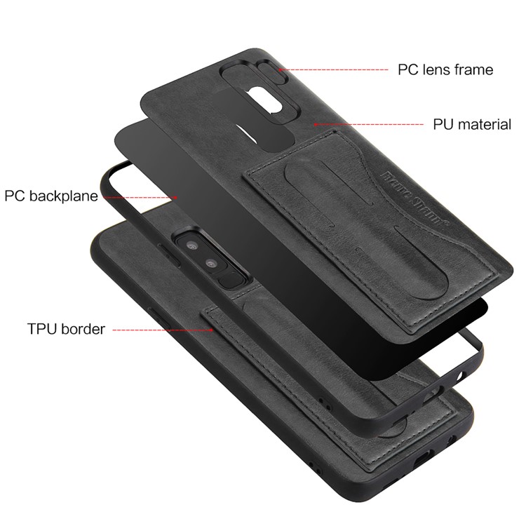 FIERRE SHANN Card Slot PU Leather Skin TPU Phone Cover with Kickstand for Samsung Galaxy S9+ SM-G965 - Black-9