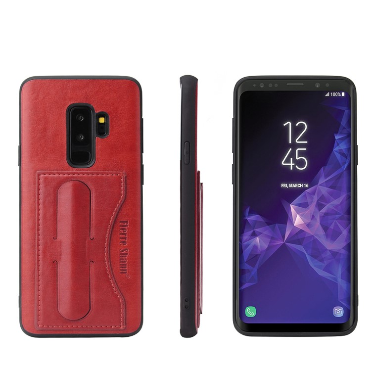 FIERRE SHANN Card Slot PU Leather Skin TPU Phone Case with Kickstand for Samsung Galaxy S9+ SM-G965 - Red-1