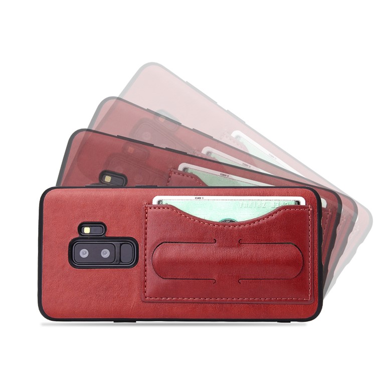 FIERRE SHANN Card Slot PU Leather Skin TPU Phone Case with Kickstand for Samsung Galaxy S9+ SM-G965 - Red-2