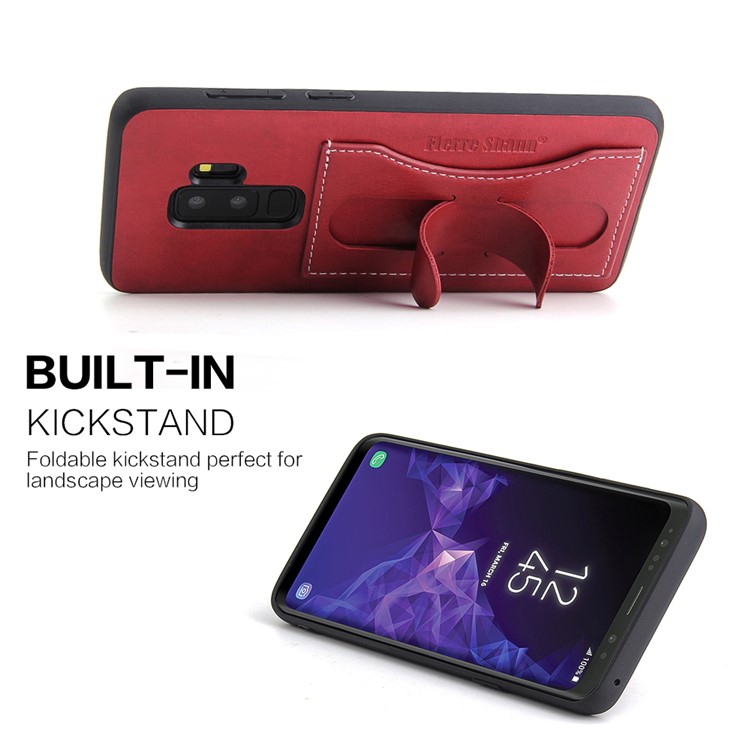 FIERRE SHANN Card Slot PU Leather Skin TPU Phone Case with Kickstand for Samsung Galaxy S9+ SM-G965 - Red-3