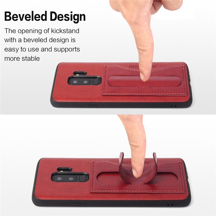FIERRE SHANN Card Slot PU Leather Skin TPU Phone Case with Kickstand for Samsung Galaxy S9+ SM-G965 - Red-4
