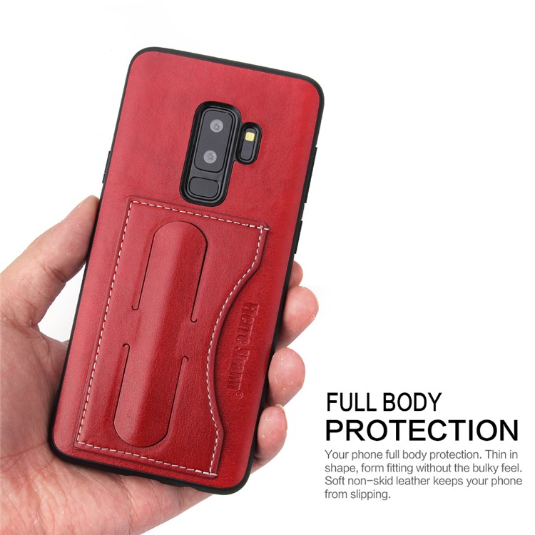 FIERRE SHANN Card Slot PU Leather Skin TPU Phone Case with Kickstand for Samsung Galaxy S9+ SM-G965 - Red-6