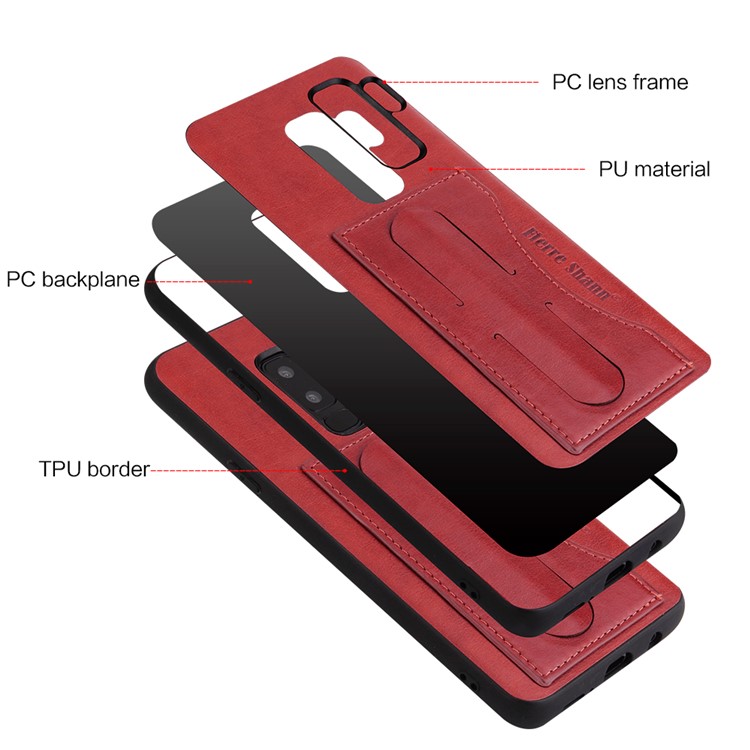 FIERRE SHANN Card Slot PU Leather Skin TPU Phone Case with Kickstand for Samsung Galaxy S9+ SM-G965 - Red-9