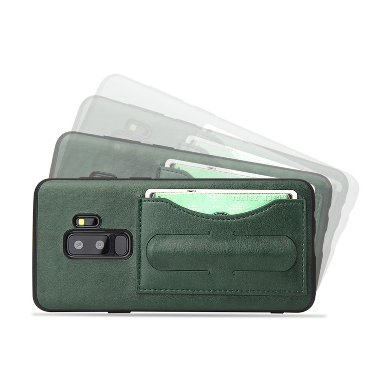 FIERRE SHANN Card Slot PU Leather Skin TPU Phone Shell with Kickstand for Samsung Galaxy S9+ SM-G965 - Green-2
