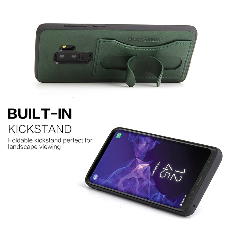 FIERRE SHANN Card Slot PU Leather Skin TPU Phone Shell with Kickstand for Samsung Galaxy S9+ SM-G965 - Green-3