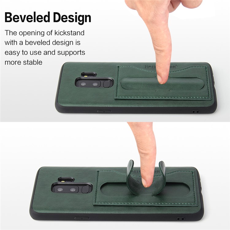 FIERRE SHANN Card Slot PU Leather Skin TPU Phone Shell with Kickstand for Samsung Galaxy S9+ SM-G965 - Green-4