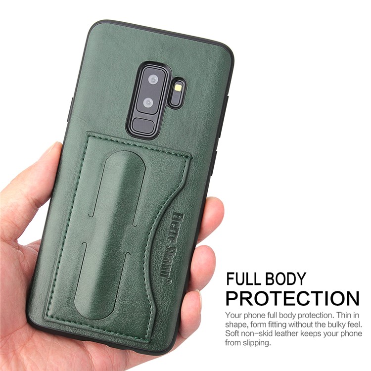 FIERRE SHANN Card Slot PU Leather Skin TPU Phone Shell with Kickstand for Samsung Galaxy S9+ SM-G965 - Green-6