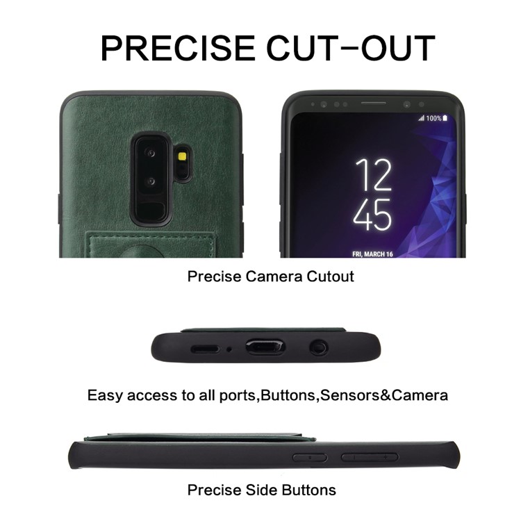 FIERRE SHANN Card Slot PU Leather Skin TPU Phone Shell with Kickstand for Samsung Galaxy S9+ SM-G965 - Green-7