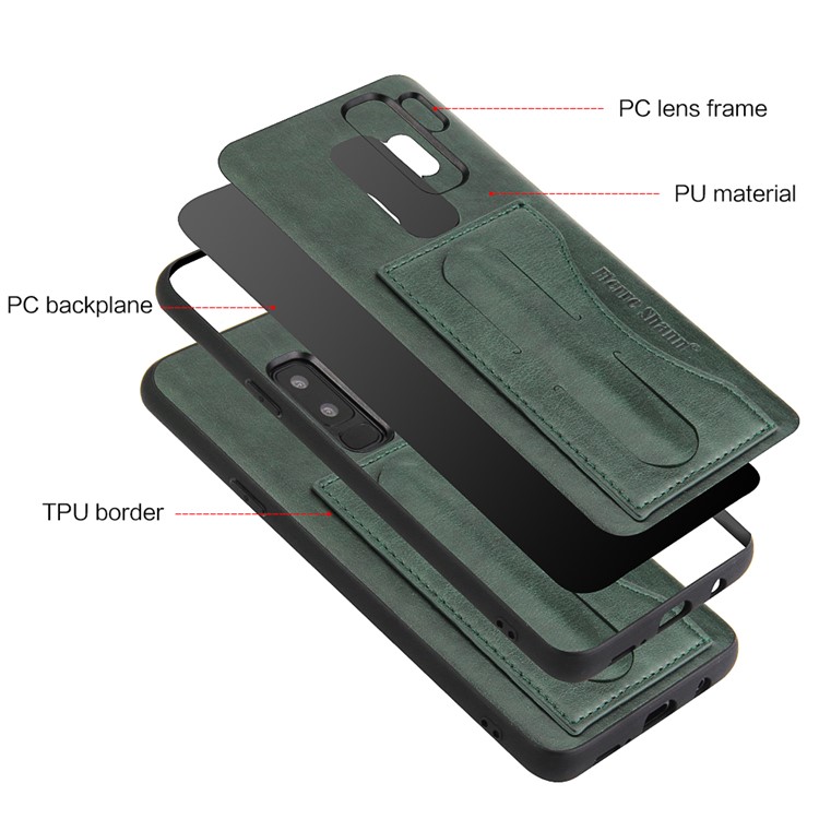 FIERRE SHANN Card Slot PU Leather Skin TPU Phone Shell with Kickstand for Samsung Galaxy S9+ SM-G965 - Green-9