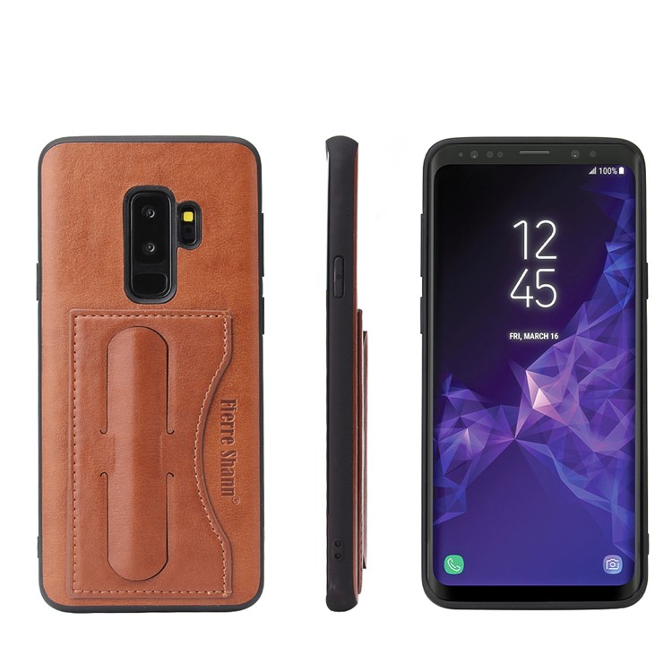 FIERRE SHANN Card Slot PU Leather Skin TPU Phone Casing with Kickstand for Samsung Galaxy S9+ SM-G965 - Brown-1