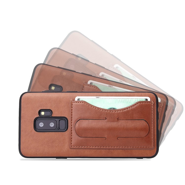 FIERRE SHANN Card Slot PU Leather Skin TPU Phone Casing with Kickstand for Samsung Galaxy S9+ SM-G965 - Brown-2