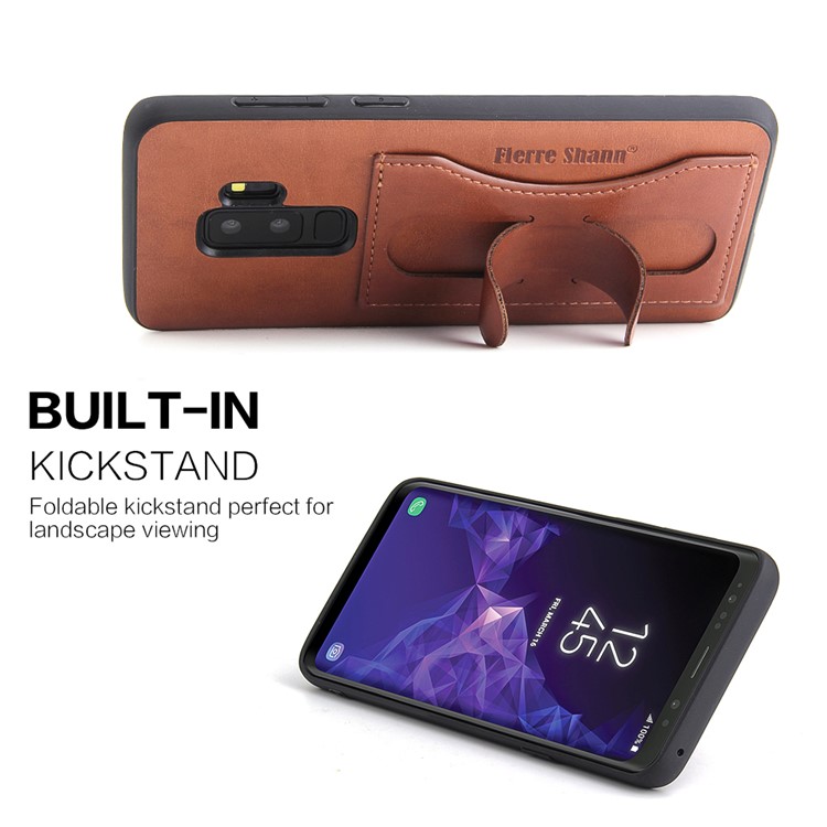 FIERRE SHANN Card Slot PU Leather Skin TPU Phone Casing with Kickstand for Samsung Galaxy S9+ SM-G965 - Brown-3