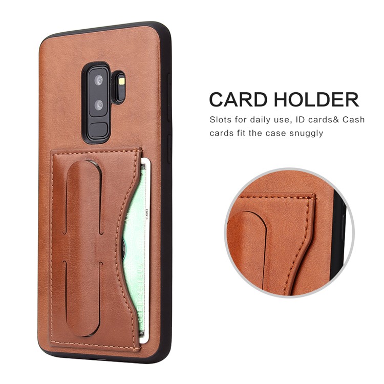 FIERRE SHANN Card Slot PU Leather Skin TPU Phone Casing with Kickstand for Samsung Galaxy S9+ SM-G965 - Brown-5