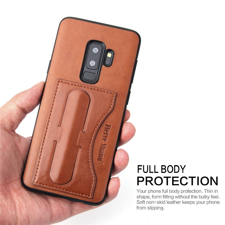 FIERRE SHANN Card Slot PU Leather Skin TPU Phone Casing with Kickstand for Samsung Galaxy S9+ SM-G965 - Brown-6