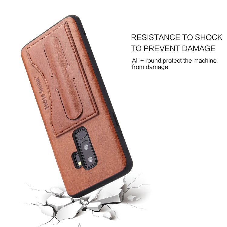 FIERRE SHANN Card Slot PU Leather Skin TPU Phone Casing with Kickstand for Samsung Galaxy S9+ SM-G965 - Brown-8