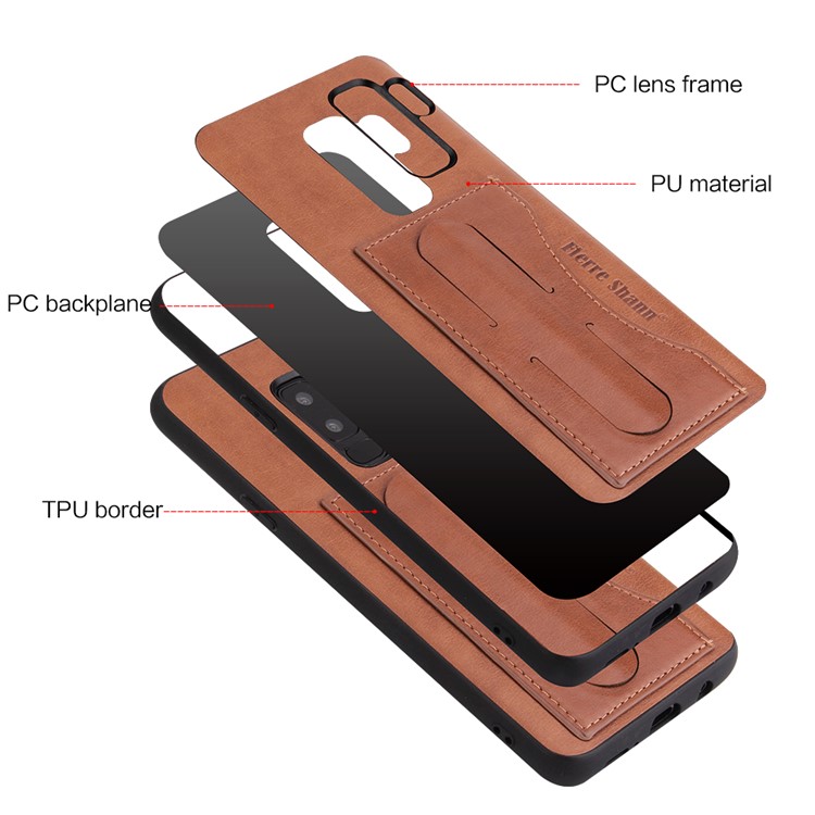 FIERRE SHANN Card Slot PU Leather Skin TPU Phone Casing with Kickstand for Samsung Galaxy S9+ SM-G965 - Brown-9