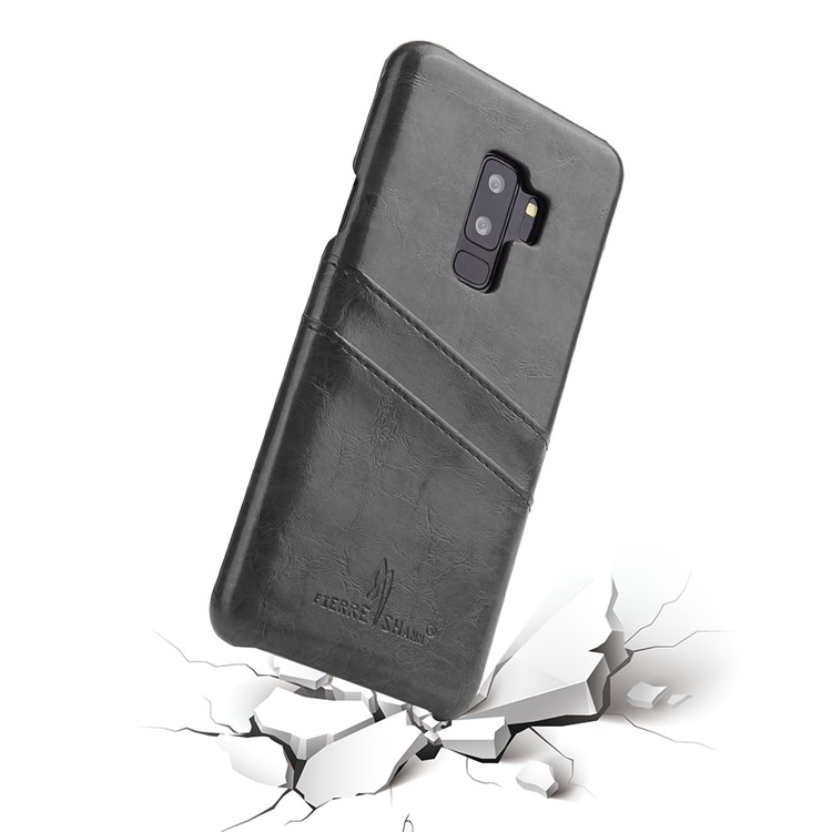 FIERRE SHANN Oil Wax Card Holder PU Leather Coated PC Case for Samsung Galaxy S9+ G965 - Black-3
