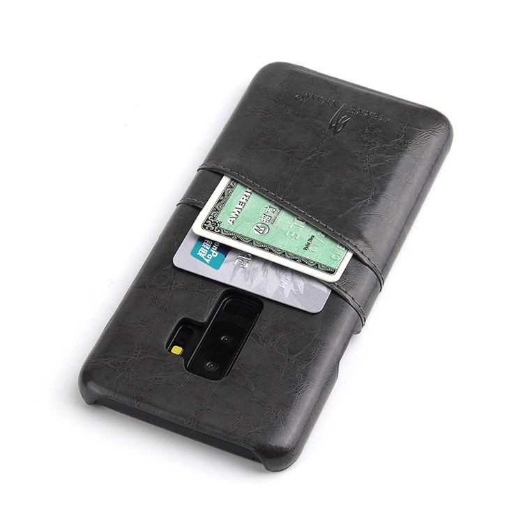 FIERRE SHANN Oil Wax Card Holder PU Leather Coated PC Case for Samsung Galaxy S9+ G965 - Black-5