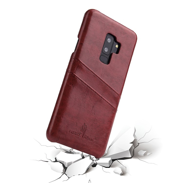 FIERRE SHANN Oil Wax Card Holder PU Leather Coated PC Cover for Samsung Galaxy S9+ G965 - Red-3