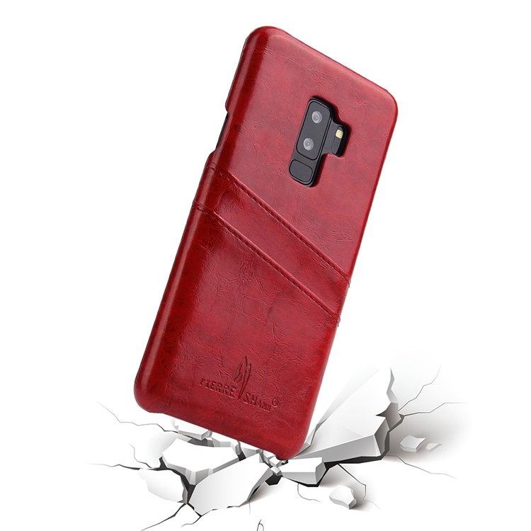 FIERRE SHANN Oil Wax Card Holder PU Leather Coated PC Cover for Samsung Galaxy S9+ G965 - Red-4