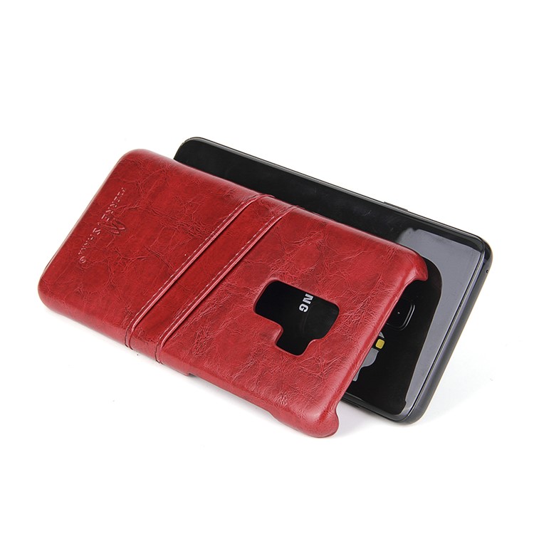 FIERRE SHANN Oil Wax Card Holder PU Leather Coated PC Cover for Samsung Galaxy S9+ G965 - Red-5