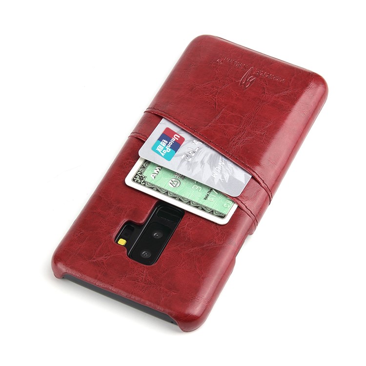 FIERRE SHANN Oil Wax Card Holder PU Leather Coated PC Cover for Samsung Galaxy S9+ G965 - Red-6