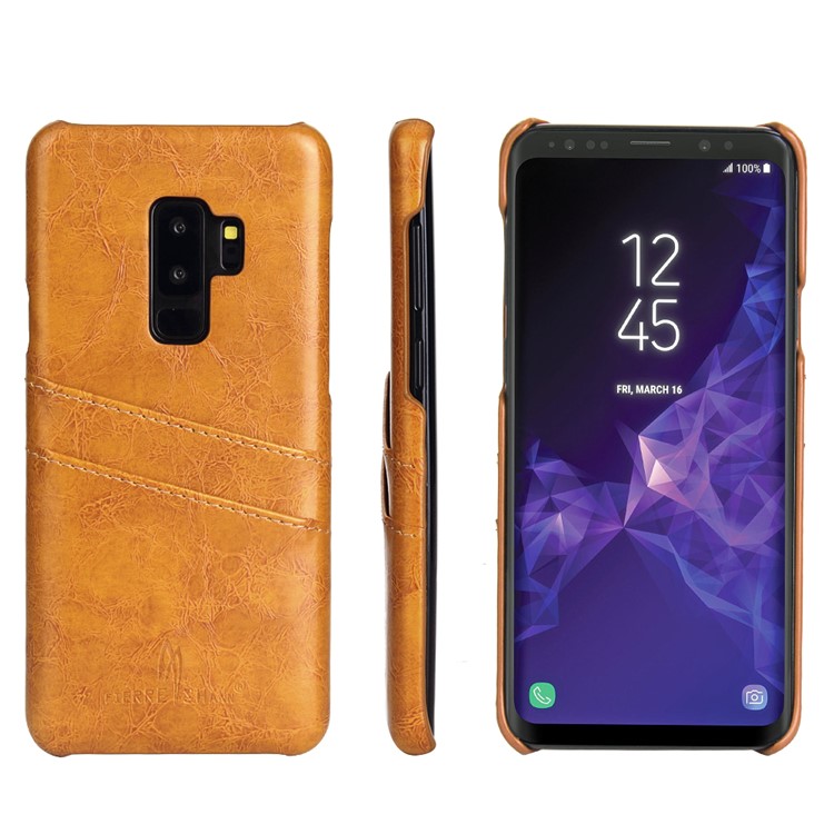 FIERRE SHANN Oil Wax PU Leather Coated PC Phone Cover for Samsung Galaxy S9+ G965 - Brown-1
