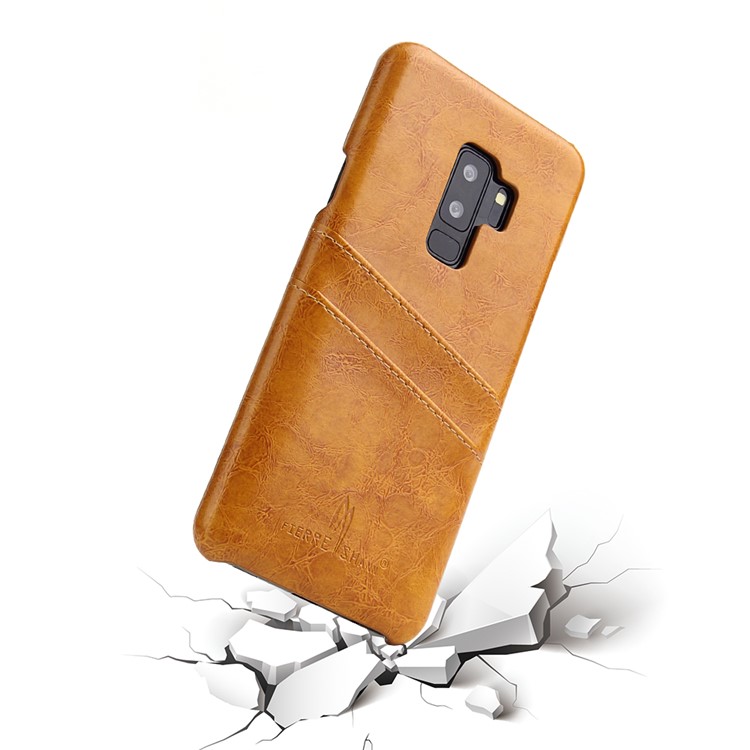 FIERRE SHANN Oil Wax PU Leather Coated PC Phone Cover for Samsung Galaxy S9+ G965 - Brown-3