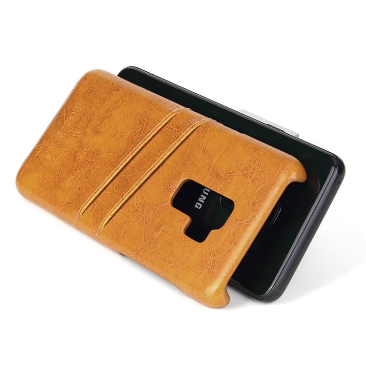 FIERRE SHANN Oil Wax PU Leather Coated PC Phone Cover for Samsung Galaxy S9+ G965 - Brown-4