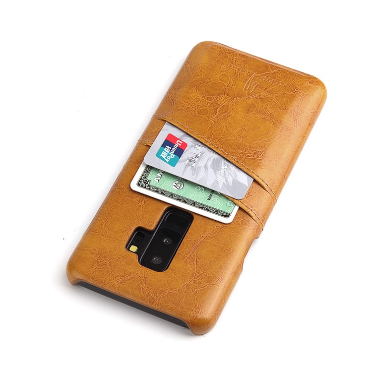 FIERRE SHANN Oil Wax PU Leather Coated PC Phone Cover for Samsung Galaxy S9+ G965 - Brown-5