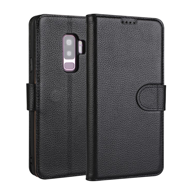 Litchi Texture Genuine Leather Wallet Stand Case for Samsung Galaxy S9+ G965 - Black-1