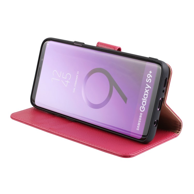 Litchi Texture Genuine Leather Wallet Stand Cover for Samsung Galaxy S9+ G965 - Red-10