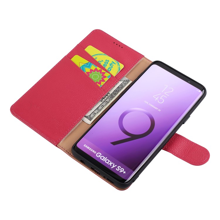 Litchi Texture Genuine Leather Wallet Stand Cover for Samsung Galaxy S9+ G965 - Red-11