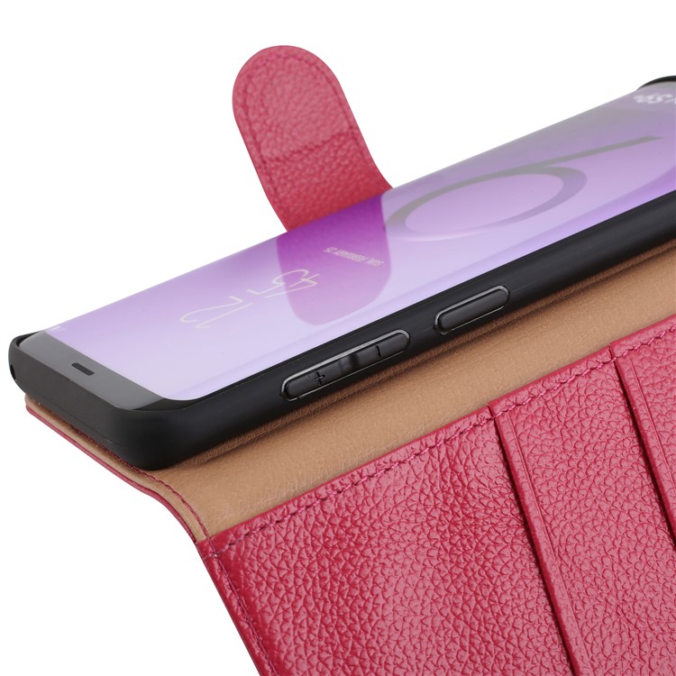 Litchi Texture Genuine Leather Wallet Stand Cover for Samsung Galaxy S9+ G965 - Red-13