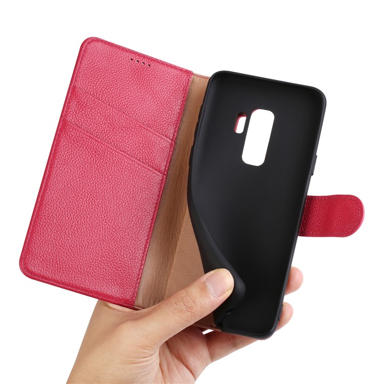 Litchi Texture Genuine Leather Wallet Stand Cover for Samsung Galaxy S9+ G965 - Red-14