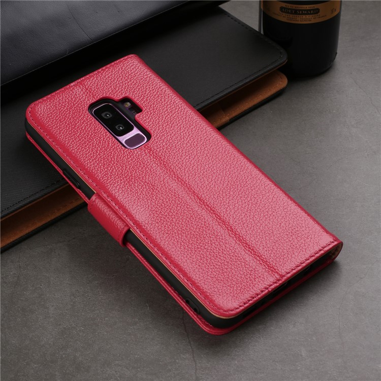 Litchi Texture Genuine Leather Wallet Stand Cover for Samsung Galaxy S9+ G965 - Red-16