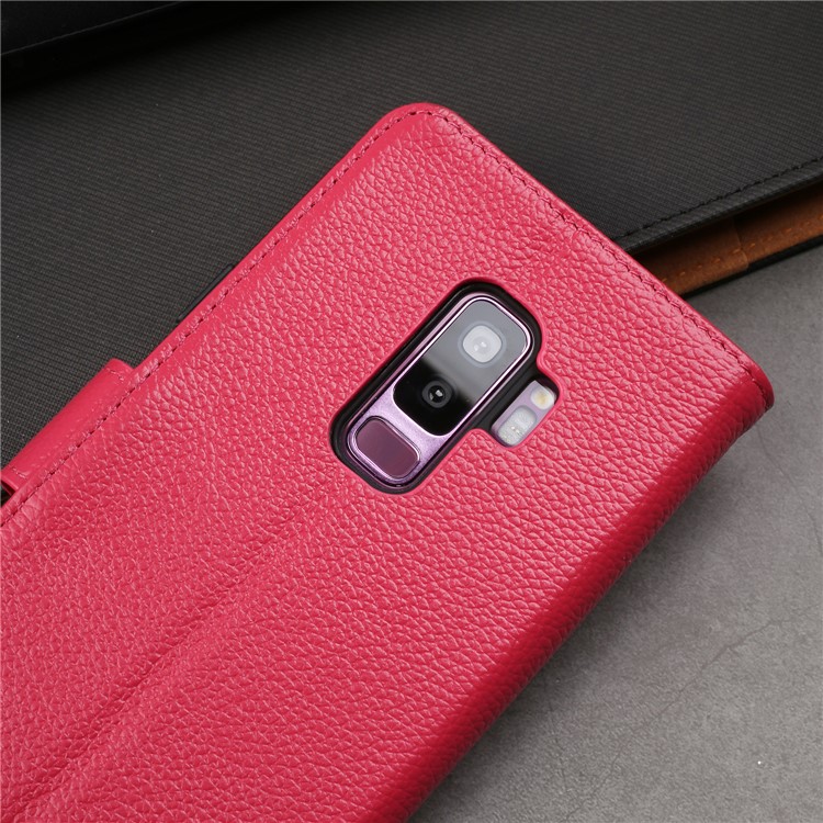 Litchi Texture Genuine Leather Wallet Stand Cover for Samsung Galaxy S9+ G965 - Red-18