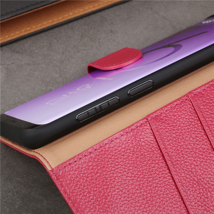Litchi Texture Genuine Leather Wallet Stand Cover for Samsung Galaxy S9+ G965 - Red-24