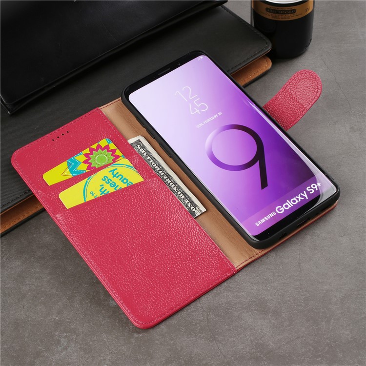 Litchi Texture Genuine Leather Wallet Stand Cover for Samsung Galaxy S9+ G965 - Red-25